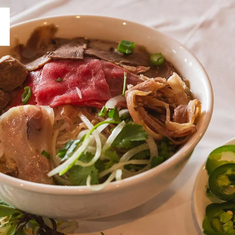 Beef pho, the classic Vietnamese beef noodle soup, at Pho Mama Fremont