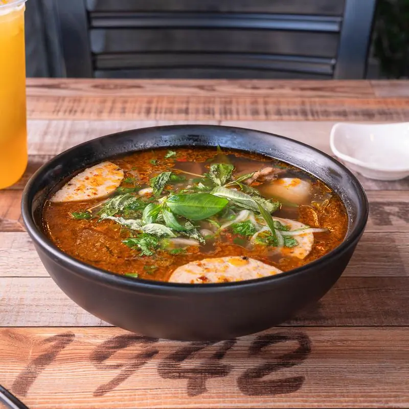 Bun bo Hue, spicy Vietnamese beef noodle soup, at Pho Mama Fremont