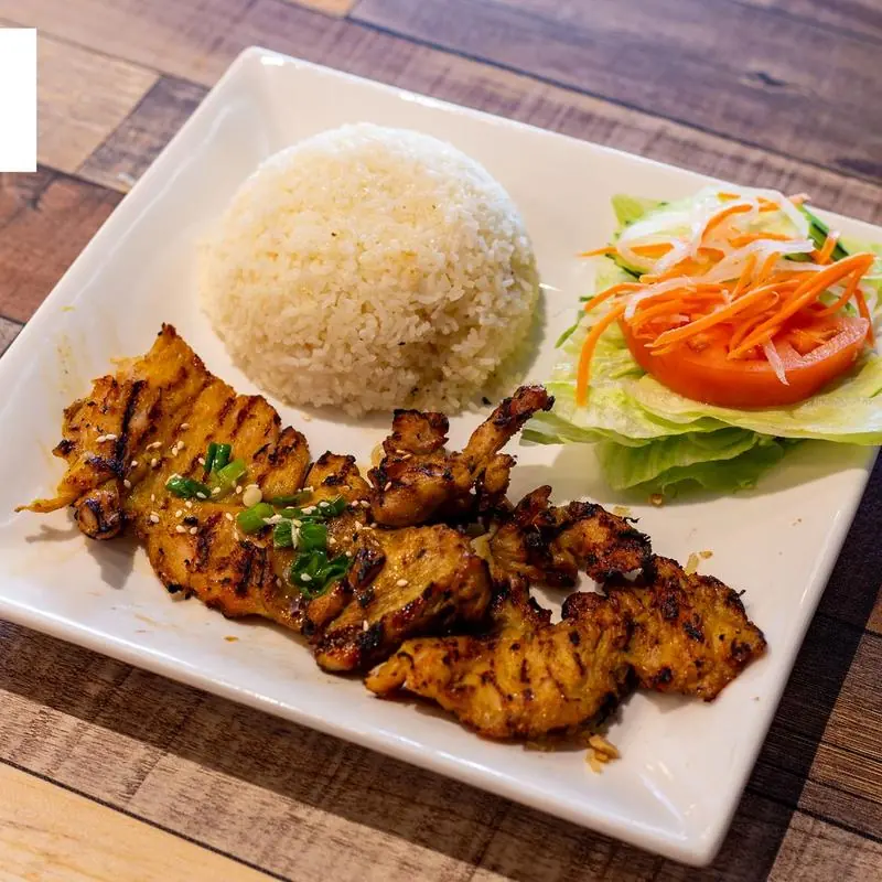 Grilled chicken with rice and salad at Pho Mama Fremont